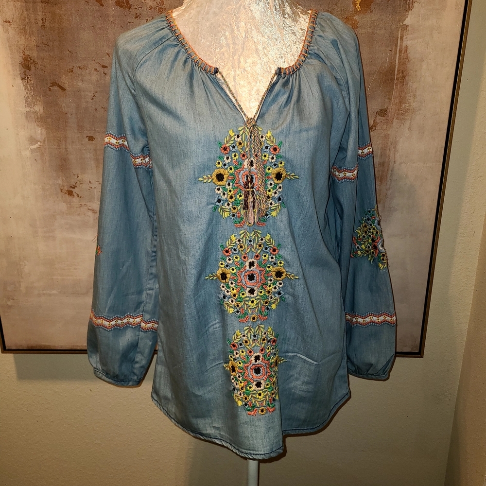Tolani Denim Embellished Tunic with V-Neckline